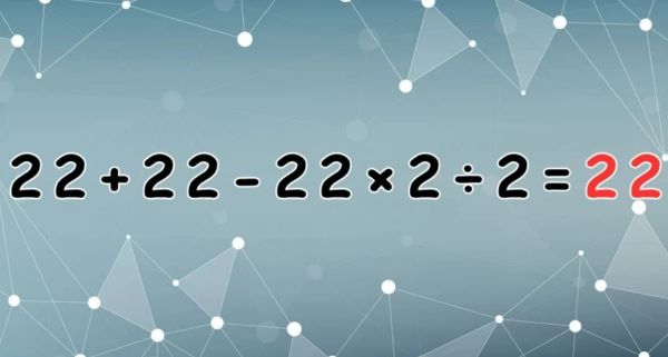 جواب معادله  22 + 22 - 22 × 2 ÷ 2